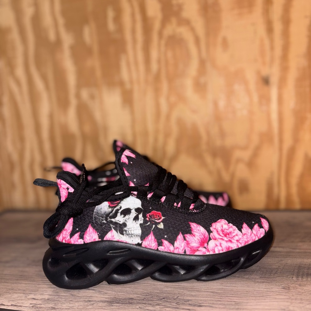 Women Black and Pink Skull & Rose Sneakers